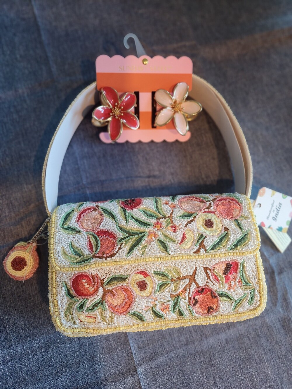 Beaded Peaches New Release Handbag in Cream, Peach And Green NWT